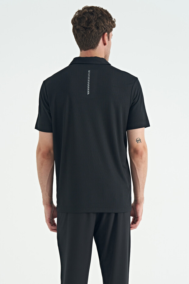 Siyah Garni Detaylı Polo Yaka Standart Kalıp Aktif Spor Erkek T-Shirt - 88251