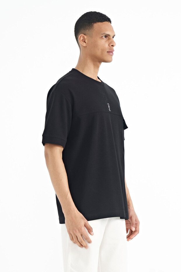Siyah Gizli Cep Detaylı Baskılı Oversize Erkek T-shirt - 88244