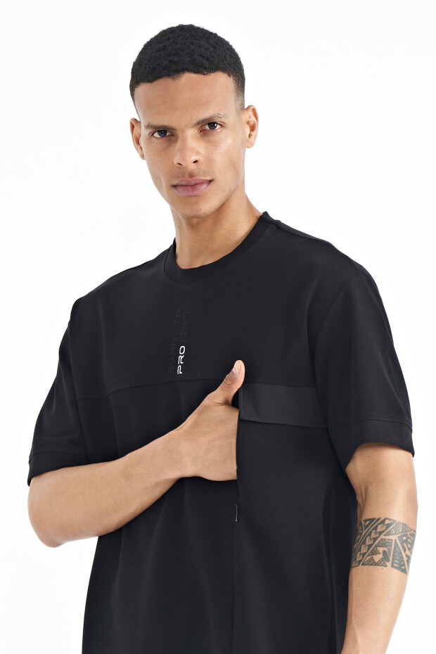 Siyah Gizli Cep Detaylı Baskılı Oversize Erkek T-shirt - 88244