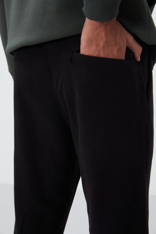 Siyah Gizli Fermuarlı Rahat Form Jogger Polar Erkek Eşofman Alt - 84866 - 4