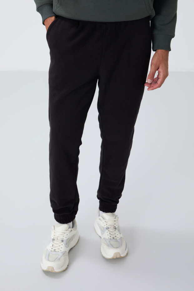Siyah Gizli Fermuarlı Rahat Form Jogger Polar Erkek Eşofman Alt - 84866 - 2