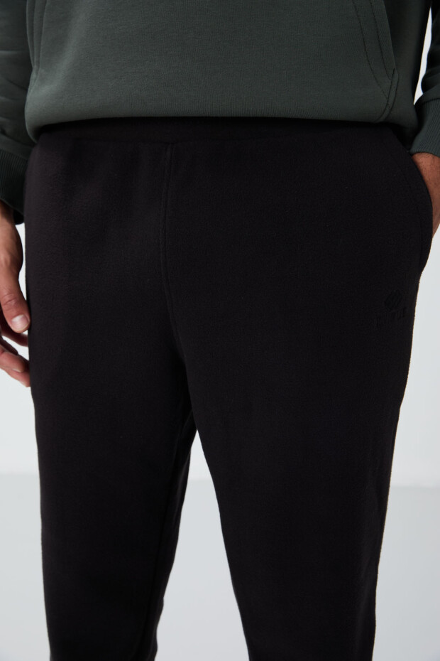Siyah Gizli Fermuarlı Rahat Form Jogger Polar Erkek Eşofman Alt - 84866 - 5