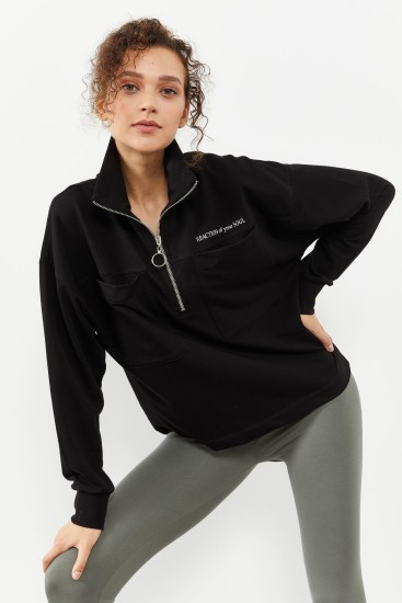Siyah Göğüs Cepli Yarım Fermuar Kadın Oversize Sweatshirt - 97154 