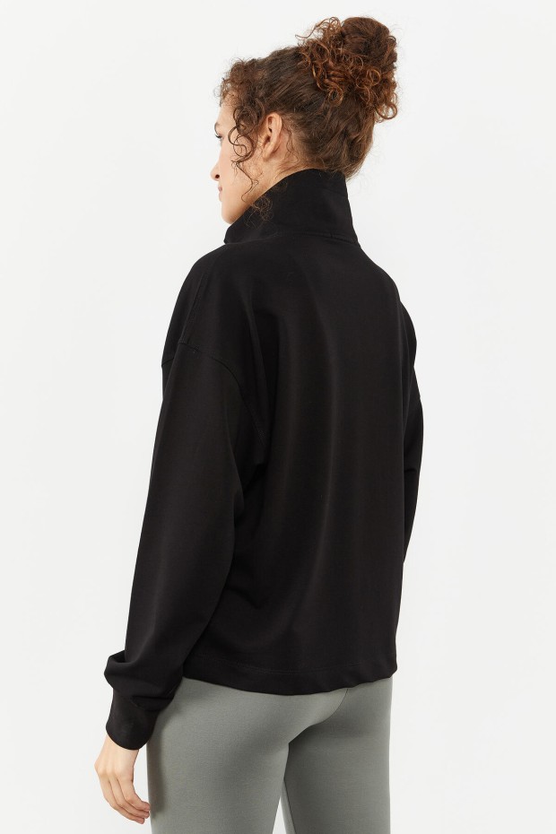 Siyah Göğüs Cepli Yarım Fermuar Kadın Oversize Sweatshirt - 97154