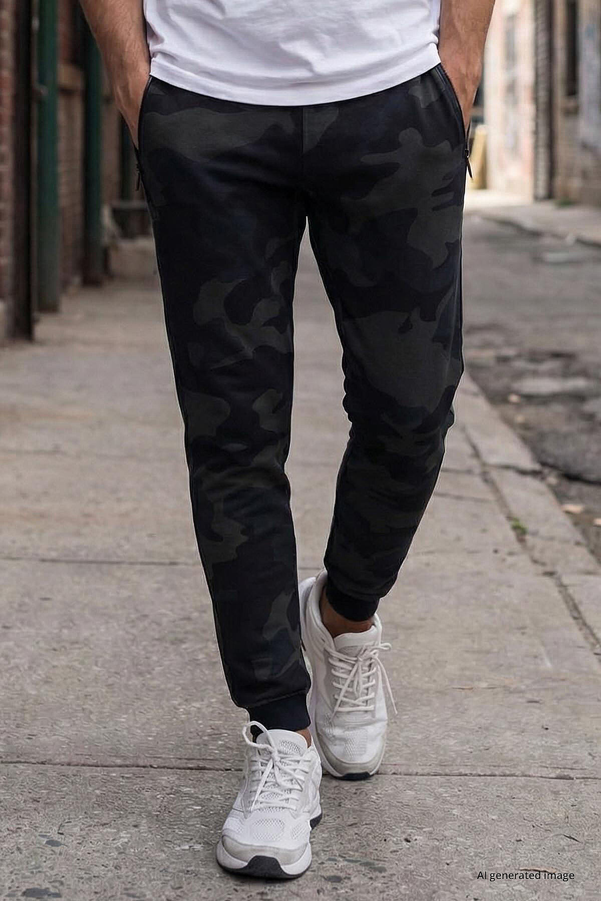 Siyah Gölge Kamuflaj Desenli Dar Kalıp Jogger Erkek Eşofman Alt - 84754 - TOMMYLIFE (1)