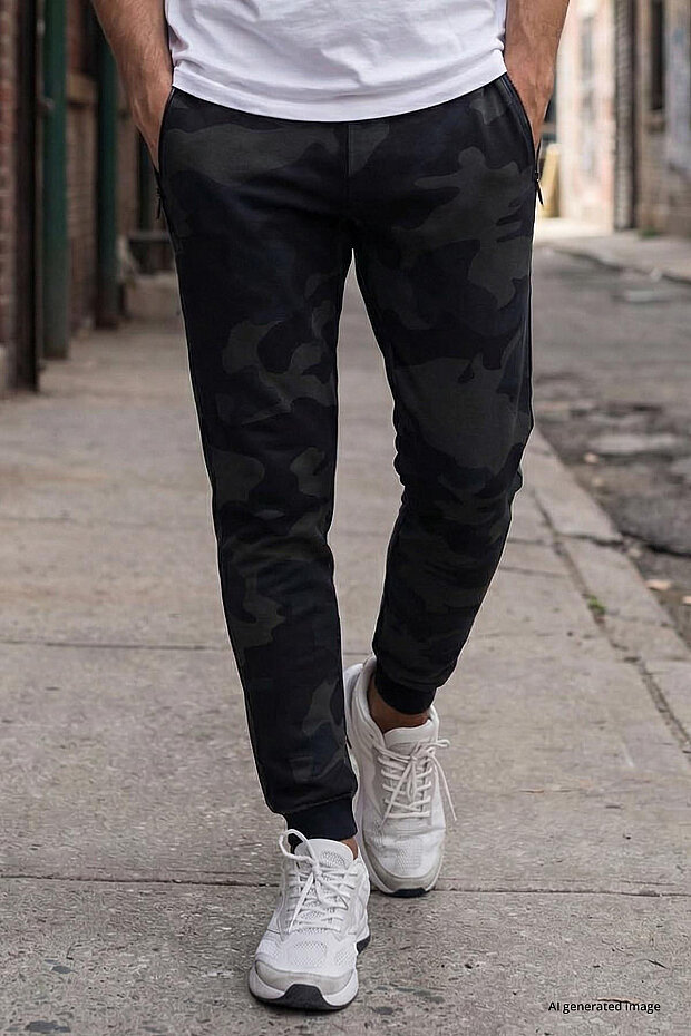 Siyah Gölge Kamuflaj Desenli Dar Kalıp Jogger Erkek Eşofman Alt - 84754 - 2