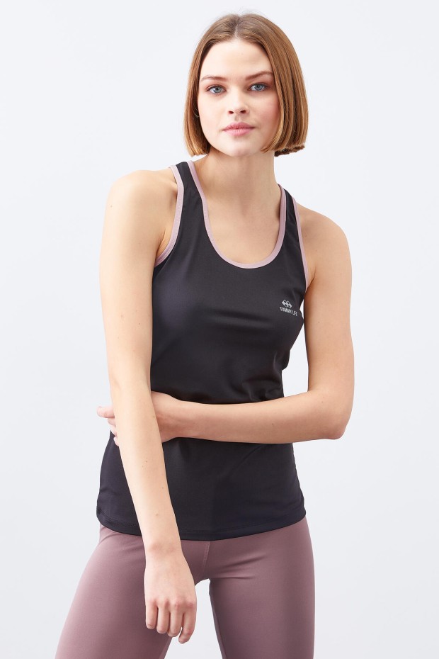 Siyah - Gül kurusu Çapraz Askılı Kolsuz Standart Kalıp Kadın Spor Atlet - 97094