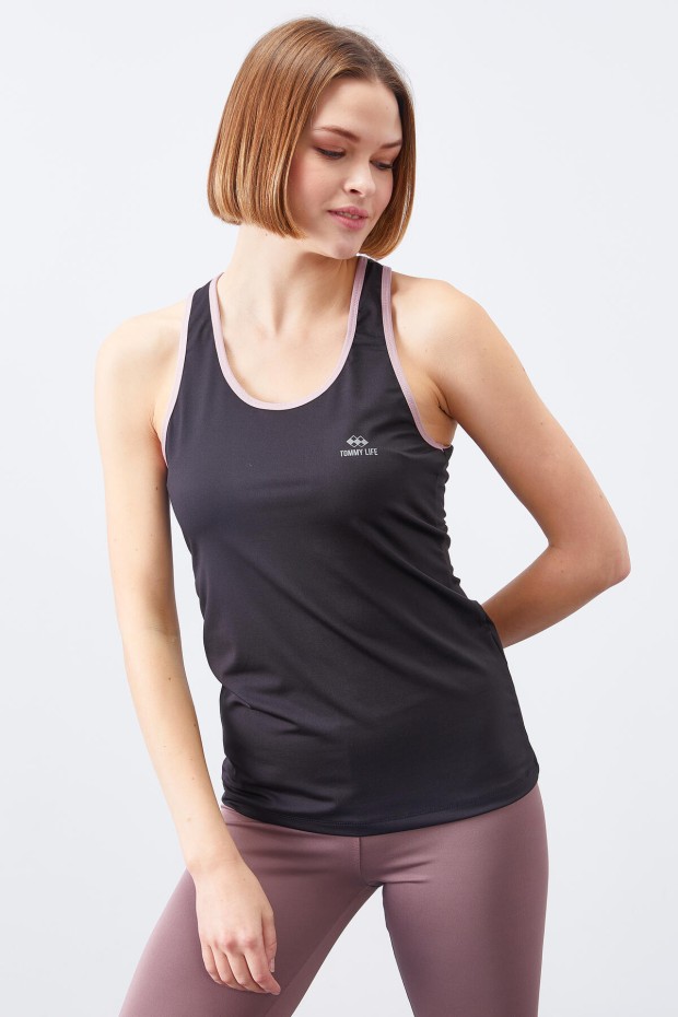Siyah - Gül kurusu Çapraz Askılı Kolsuz Standart Kalıp Kadın Spor Atlet - 97094