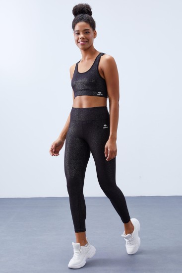 Siyah-gümüş - Siyah Yüksek Bel Toparlayıcılı Sırt Detaylı Slim Fit Büstiyer Kadın Tayt Takım - 95281 - TOMMYLIFE