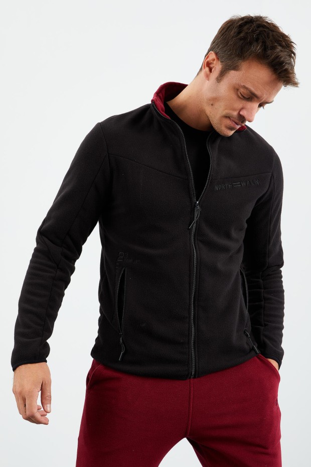 Siyah İki Renkli Fermuarlı Dik Yaka Standart Kalıp Erkek Sweatshirt Polar - 87994