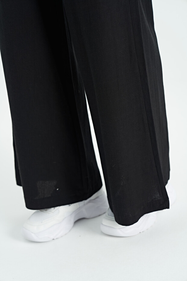 Siyah İp Kemer Detaylı Rahat Kalıp Geniş Paça Kadın Pantolon - 02195