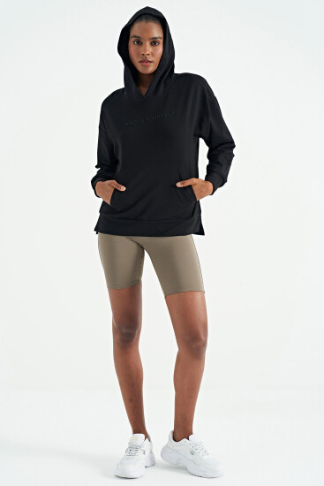 Siyah Kadın Kapüşonlu Kanguru Cep Kadın Oversize Sweatshirt - 97161 - Thumbnail