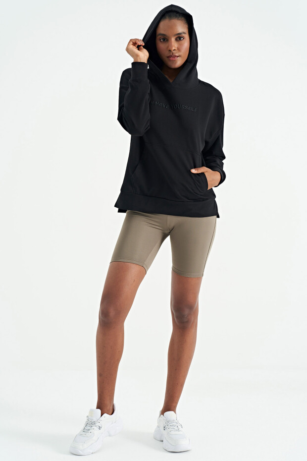 Siyah Kadın Kapüşonlu Kanguru Cep Kadın Oversize Sweatshirt - 97161