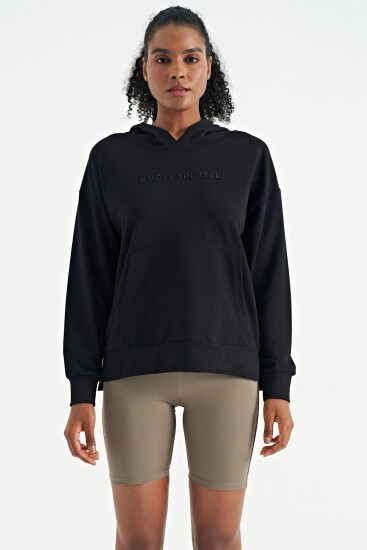 Siyah Kadın Kapüşonlu Kanguru Cep Kadın Oversize Sweatshirt - 97161 - Thumbnail