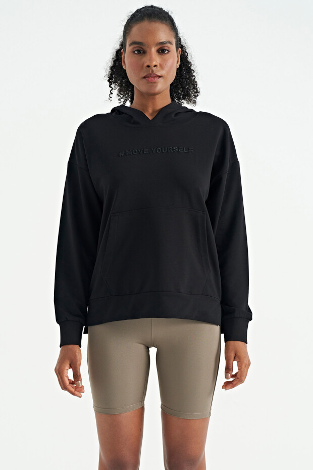 Siyah Kadın Kapüşonlu Kanguru Cep Kadın Oversize Sweatshirt - 97161
