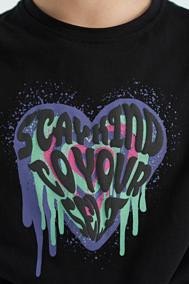 Siyah Kalp Baskılı Ön Düğüm Detaylı Rahat Form Kız Çocuk T-Shirt - 75114
