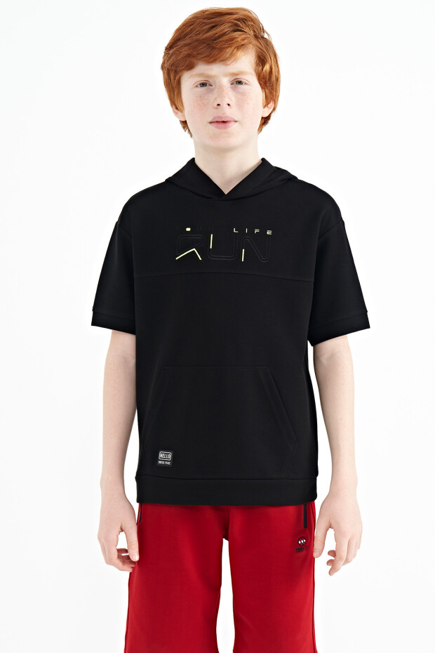Siyah Kanguru Cepli Kapüşonlu Oversize Erkek Çocuk T-Shirt - 11160