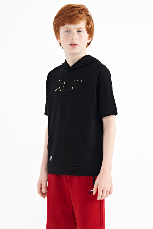 Siyah Kanguru Cepli Kapüşonlu Oversize Erkek Çocuk T-Shirt - 11160