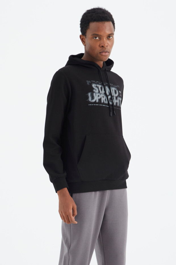 Siyah Kapüşonlu Bağcıklı Baskı Detaylı Rahat Kalıp Erkek Sweatshirt - 88286