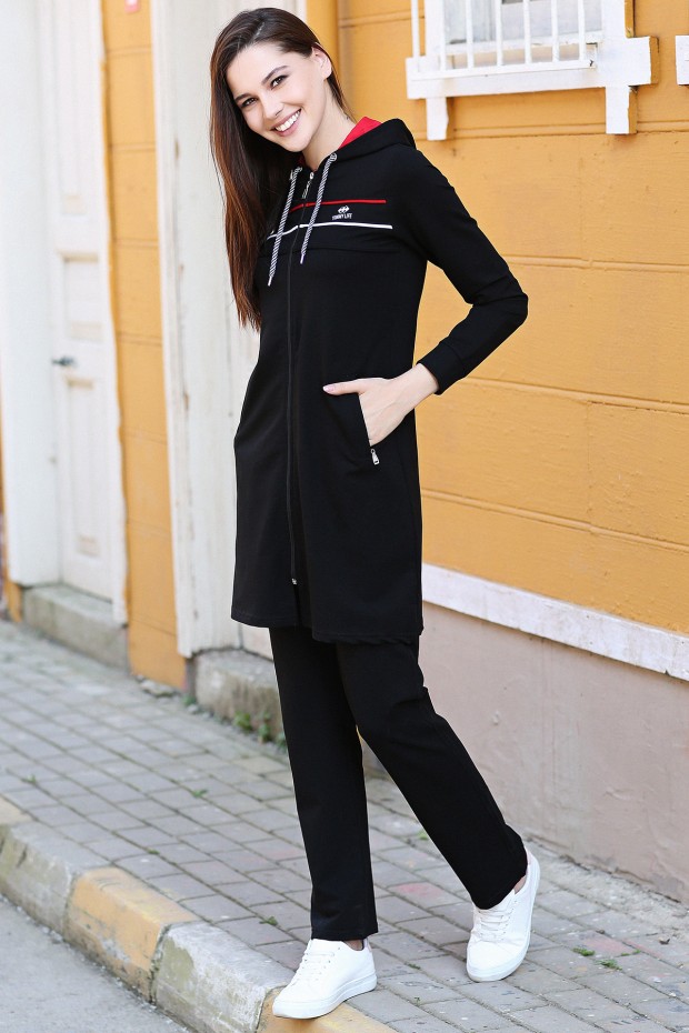 Siyah Kapüşonlu Fermuar Cepli Rahat Form Klasik Paça Kadın Eşofman Tunik Takım - 95131