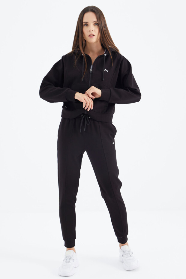 Siyah Kapüşonlu Fermuarlı Cep Detaylı Oversize Kadın Eşofman Takım - 95322