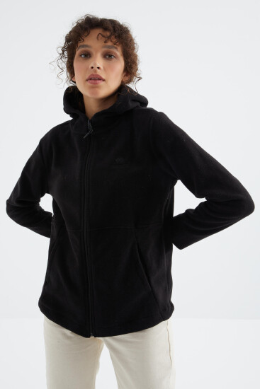 Siyah Kapüşonlu Fermuarlı Rahat Form Kadın Polar Sweatshirt - 97233 