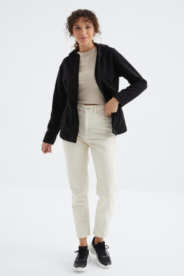 Siyah Kapüşonlu Fermuarlı Rahat Form Kadın Polar Sweatshirt - 97233 - TOMMYLIFE (1)