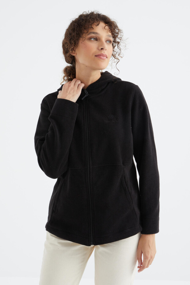 Siyah Kapüşonlu Fermuarlı Rahat Form Kadın Polar Sweatshirt - 97233