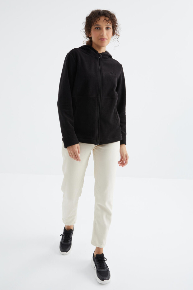 Siyah Kapüşonlu Fermuarlı Rahat Form Kadın Polar Sweatshirt - 97233
