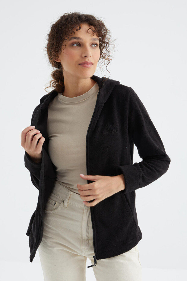Siyah Kapüşonlu Fermuarlı Rahat Form Kadın Polar Sweatshirt - 97233 - 5