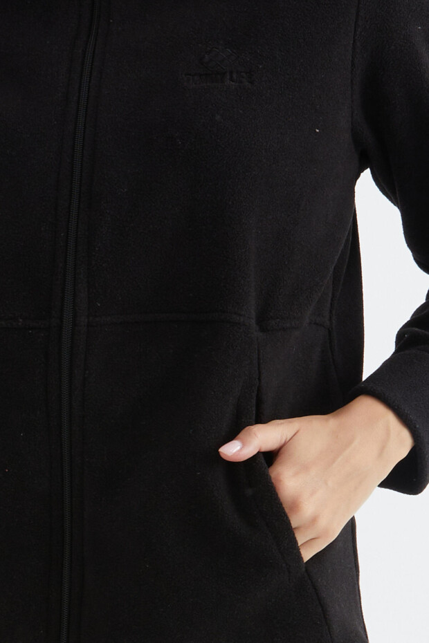 Siyah Kapüşonlu Fermuarlı Rahat Form Kadın Polar Sweatshirt - 97233 - 7