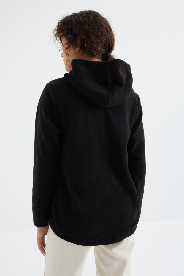 Siyah Kapüşonlu Fermuarlı Rahat Form Kadın Polar Sweatshirt - 97233 - 8