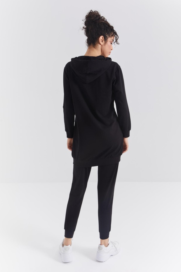 Siyah Kapüşonlu Fermuarlı Rahat Form Manşetli Kadın Eşofman Tunik Takım - 95313