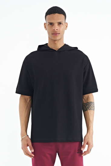 Siyah Kapüşonlu Kol Etiket Detaylı Oversize Erkek T-shirt - 88179 