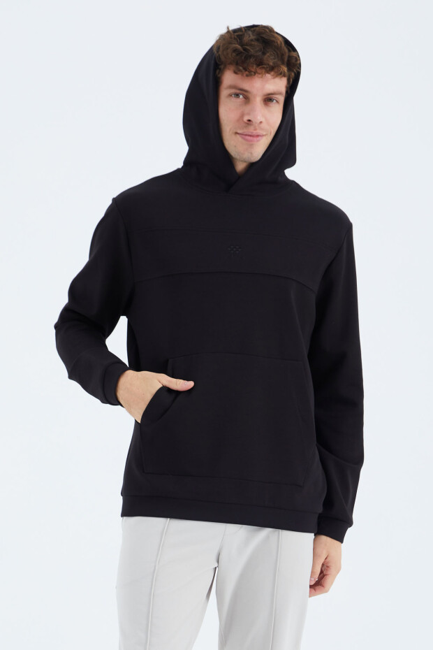 Siyah Kapüşonlu Ön Dikiş Detaylı Rahat Kalıp Erkek Sweatshirt - 88277