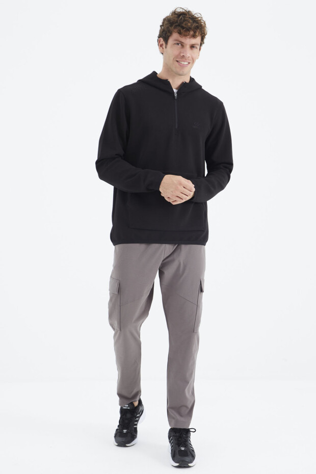 Siyah Kapüşonlu Yarım Fermuarlı Cep Detaylı Rahat Kalıp Erkek Sweatshirt - 88281