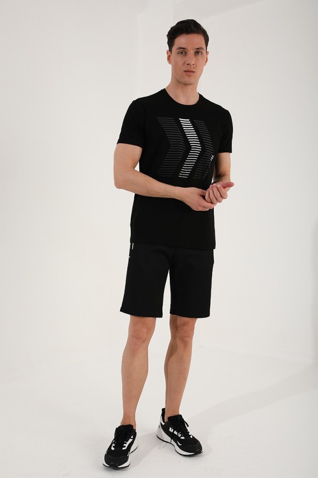 Siyah Karışık Harf Rakam Baskılı Rahat Form O Yaka Erkek T-Shirt - 87960