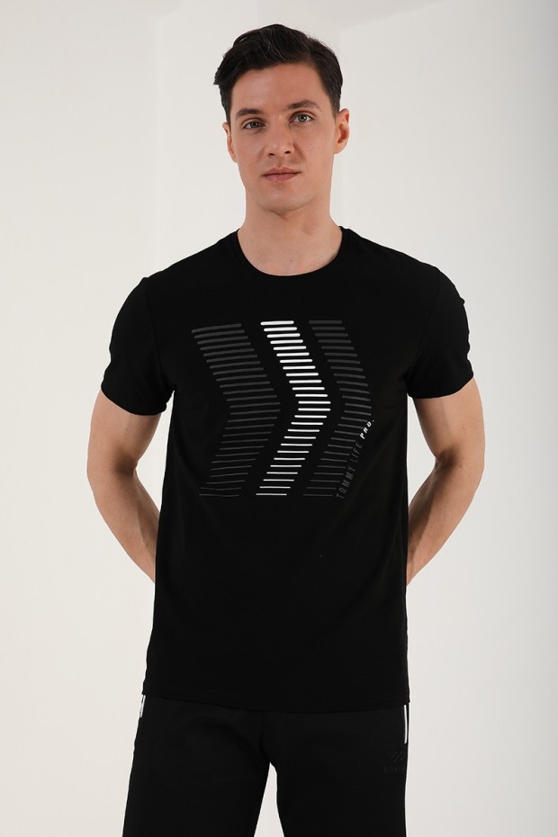 Siyah Karışık Harf Rakam Baskılı Rahat Form O Yaka Erkek T-Shirt - 87960