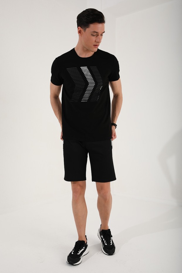 Siyah Karışık Harf Rakam Baskılı Rahat Form O Yaka Erkek T-Shirt - 87960