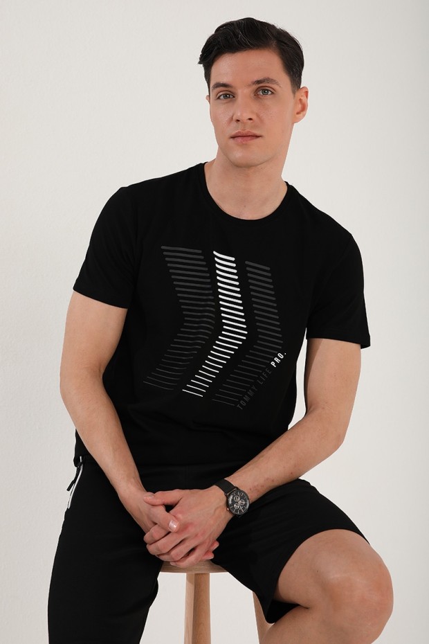 Siyah Karışık Harf Rakam Baskılı Rahat Form O Yaka Erkek T-Shirt - 87960