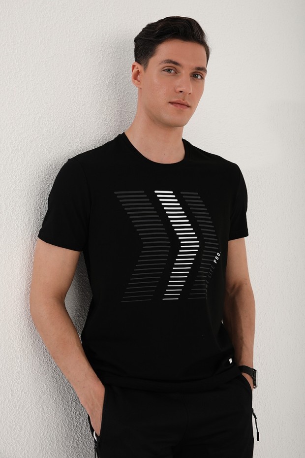 Siyah Karışık Harf Rakam Baskılı Rahat Form O Yaka Erkek T-Shirt - 87960