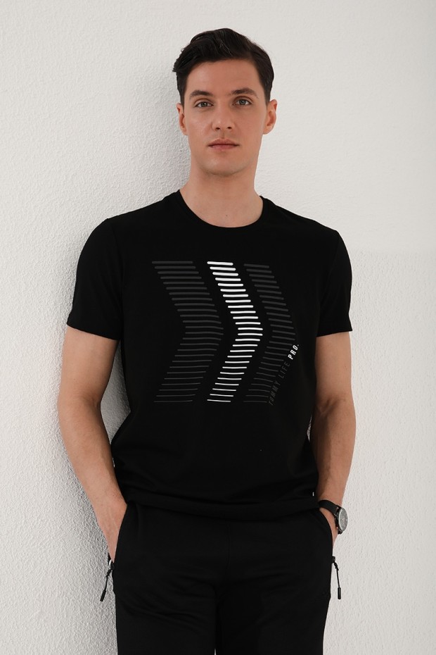 Siyah Karışık Harf Rakam Baskılı Rahat Form O Yaka Erkek T-Shirt - 87960