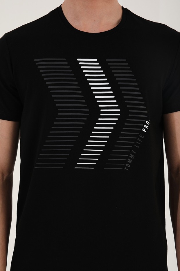 Siyah Karışık Harf Rakam Baskılı Rahat Form O Yaka Erkek T-Shirt - 87960