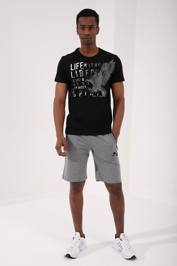 Siyah Kartal Baskılı Standart Kalıp O Yaka Erkek T-Shirt - 87932