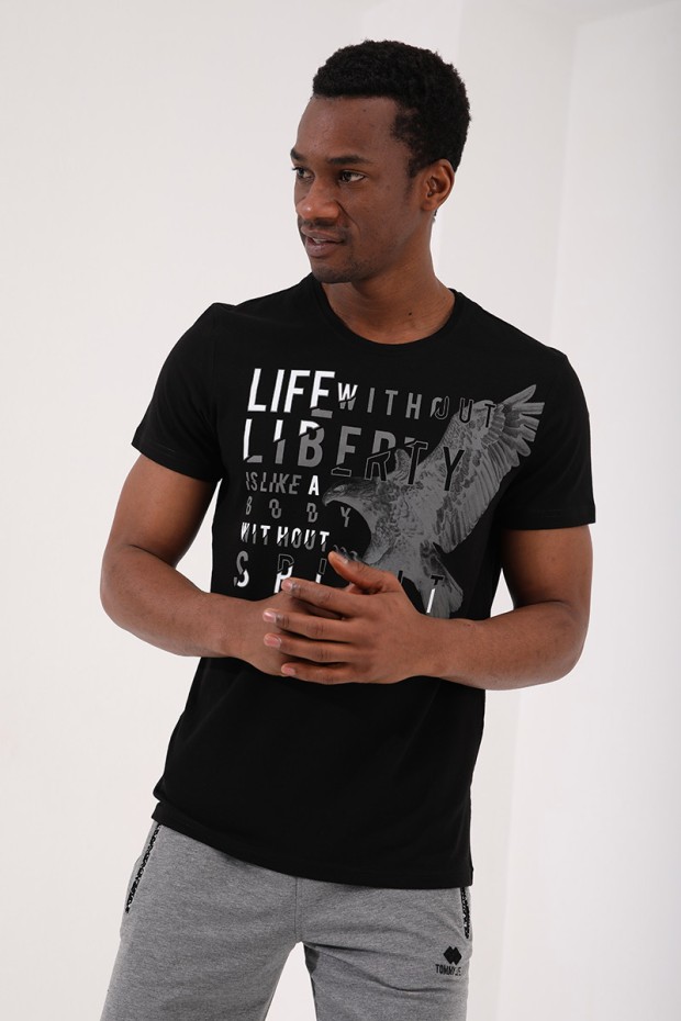 Siyah Kartal Baskılı Standart Kalıp O Yaka Erkek T-Shirt - 87932