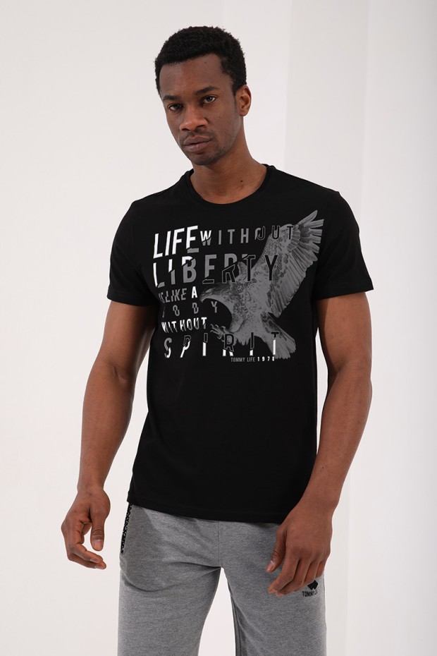 Siyah Kartal Baskılı Standart Kalıp O Yaka Erkek T-Shirt - 87932