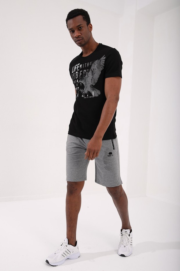 Siyah Kartal Baskılı Standart Kalıp O Yaka Erkek T-Shirt - 87932