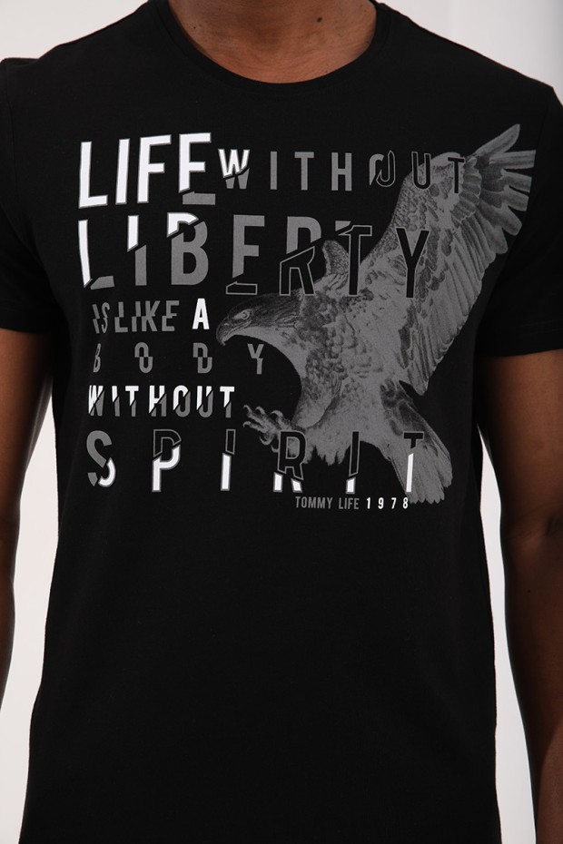 Siyah Kartal Baskılı Standart Kalıp O Yaka Erkek T-Shirt - 87932