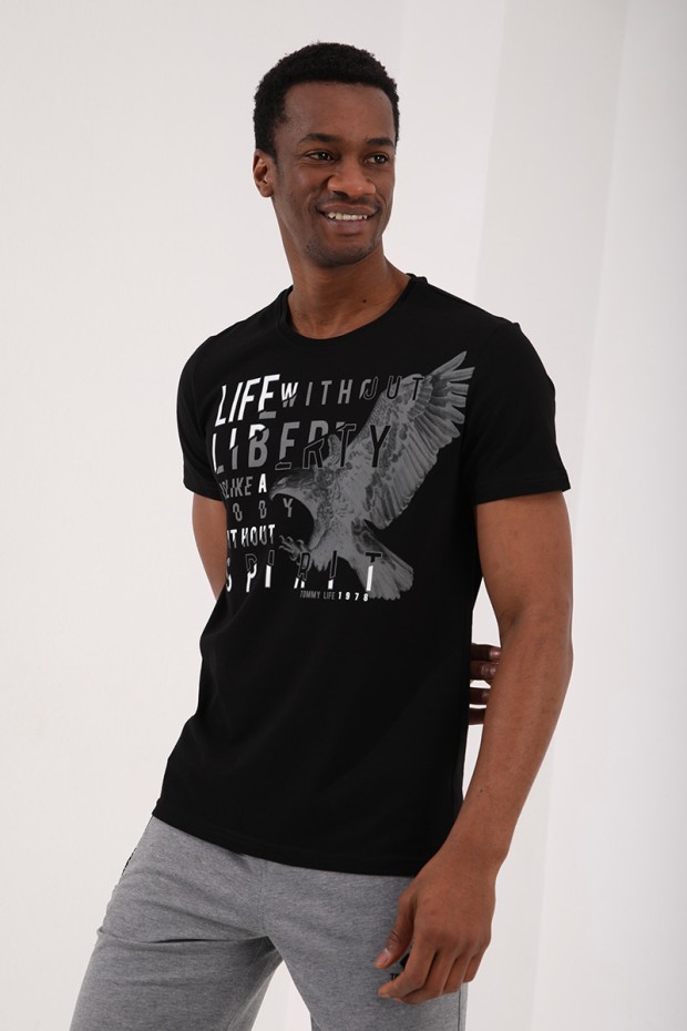 Siyah Kartal Baskılı Standart Kalıp O Yaka Erkek T-Shirt - 87932