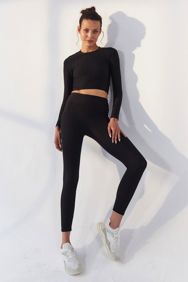 Siyah Kendinden Desenli O Yaka Uzun Kol Kadın Crop Top T-Shirt - 97153